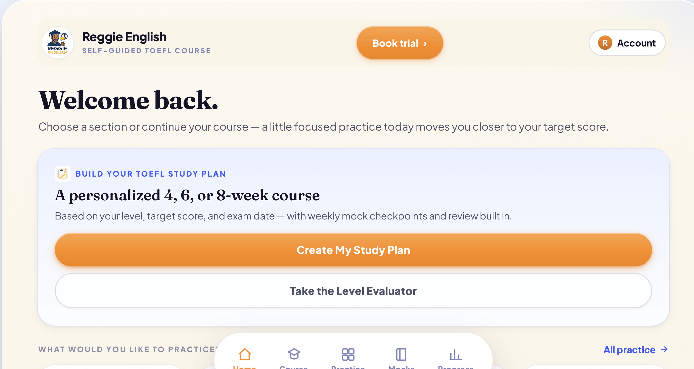 TOEFL self-guided course home dashboard with personalized study plan