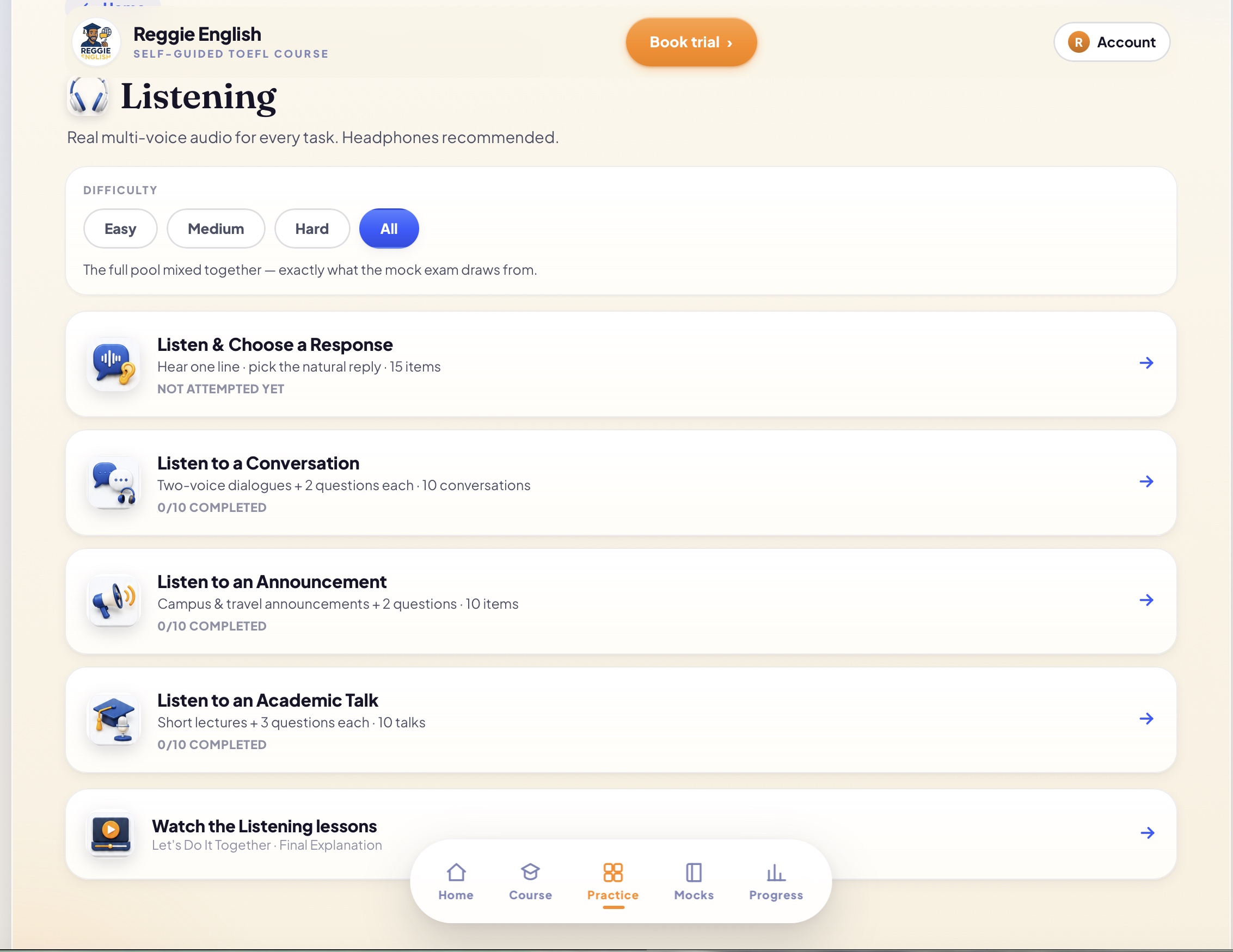 Listening practice section inside the TOEFL self-guided course