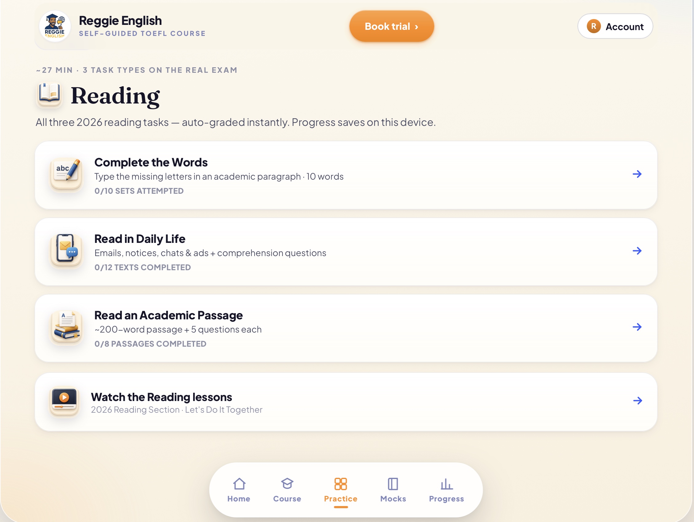 Reading practice section inside the TOEFL self-guided course