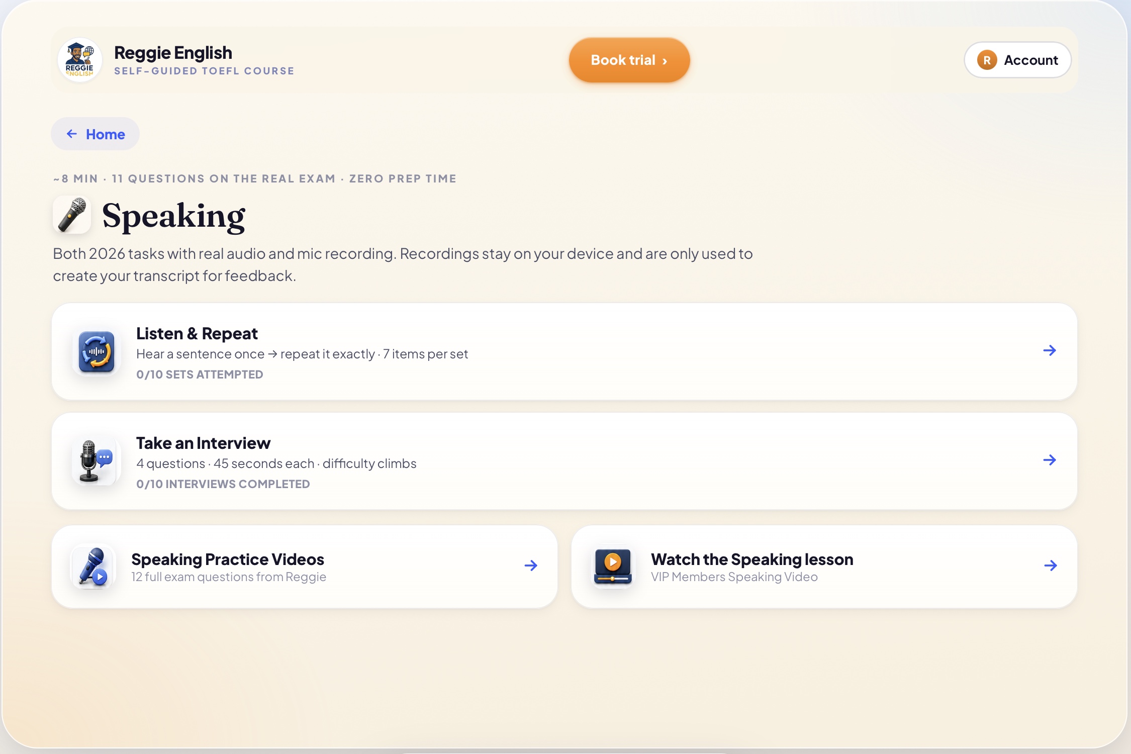 Speaking practice section inside the TOEFL self-guided course