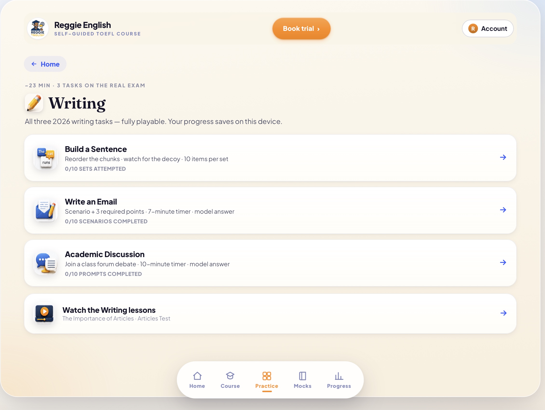 Writing practice section inside the TOEFL self-guided course